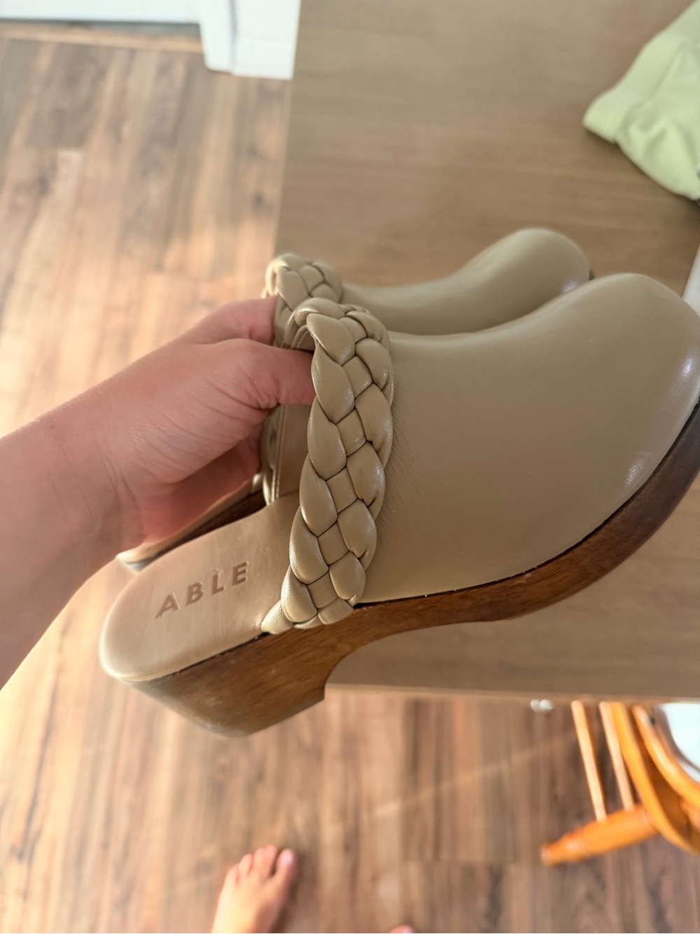 ABLE Whiley Braided Strap Tan Leather Clogs with Wooden Platform Size 8.5